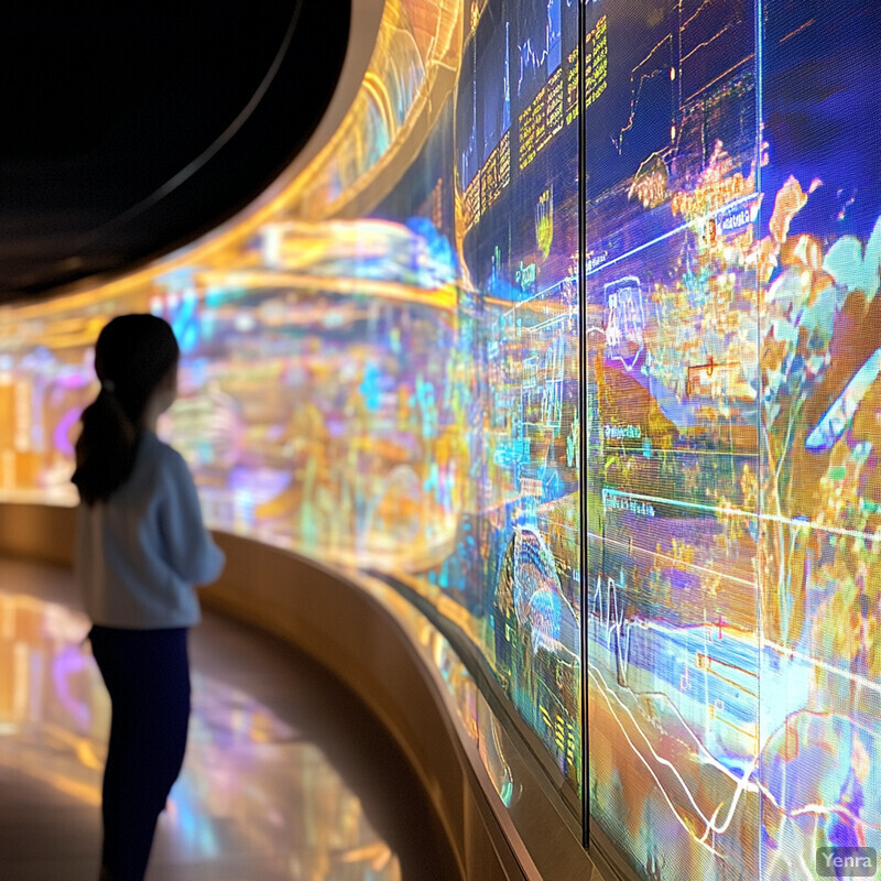 A woman stands before a large screen displaying graphs and charts related to disease outbreak prevention via predictive analytics.