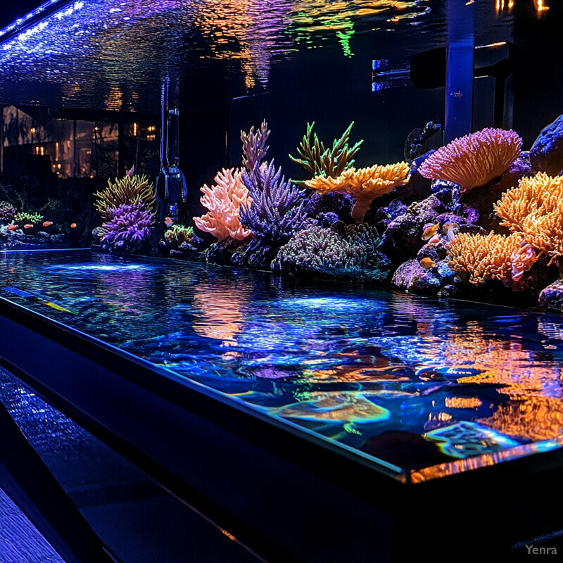 An aquarium with various types of coral and fish swimming inside.