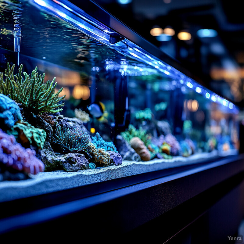 A well-maintained aquarium featuring a diverse array of marine life, set within a rectangular tank with transparent glass walls.