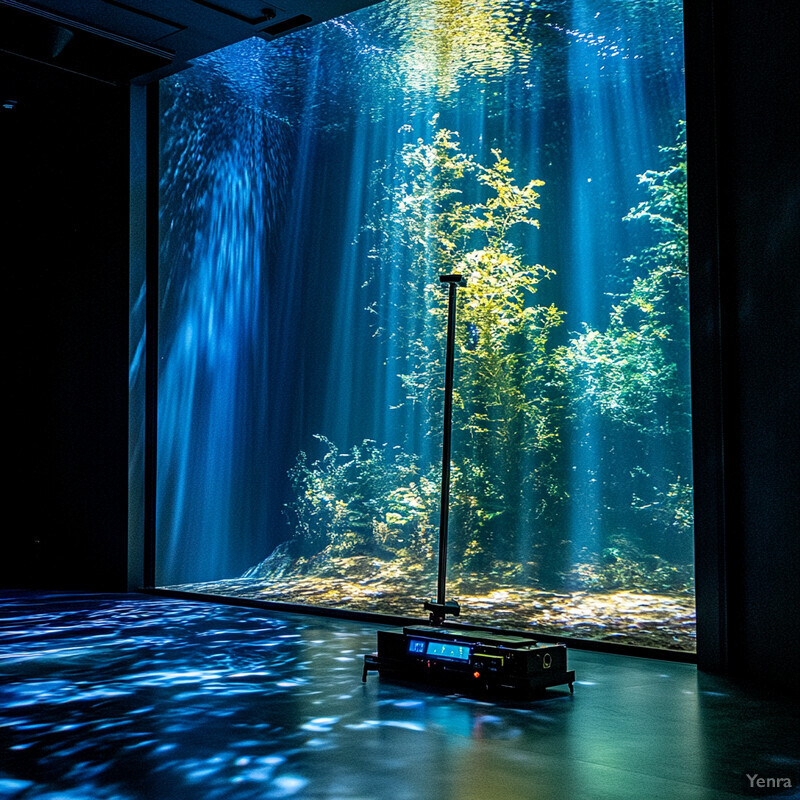 A large screen displays an underwater scene in a controlled environment.