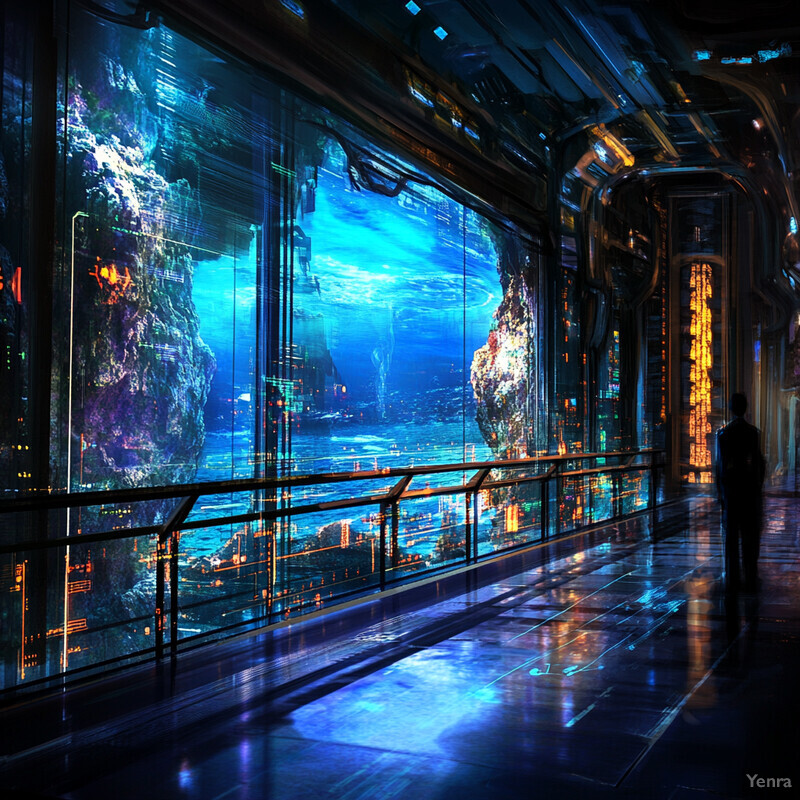 An underwater scene with a large screen displaying a futuristic cityscape.