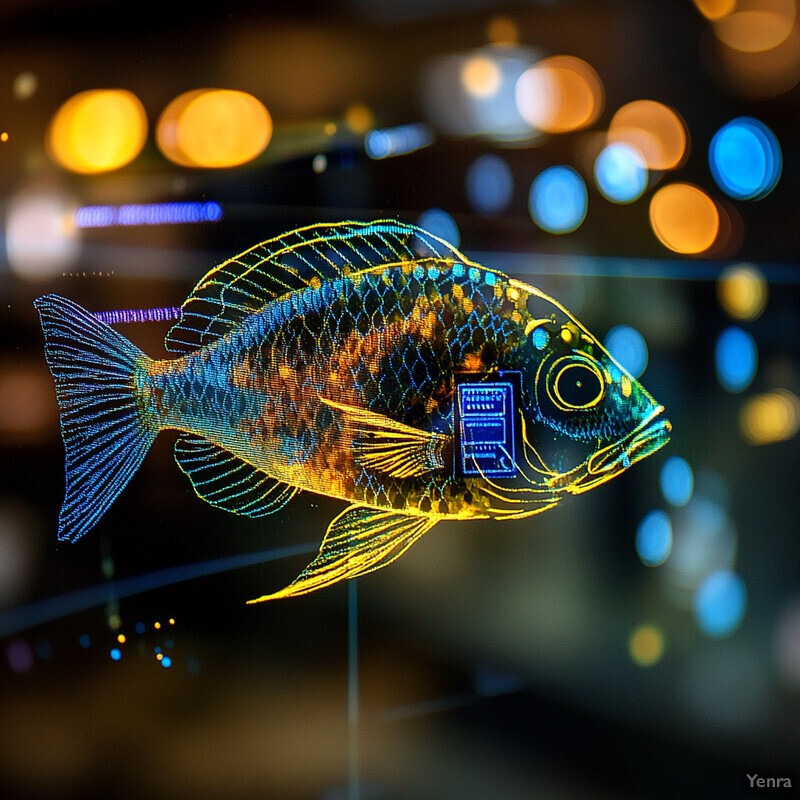 A colorful fish is showcased against a blurred background of lights, likely in an aquarium setting.