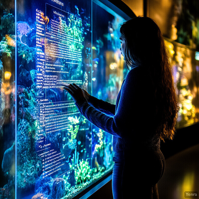 A woman with long hair is standing in front of an aquarium, gazing at the fish swimming inside.