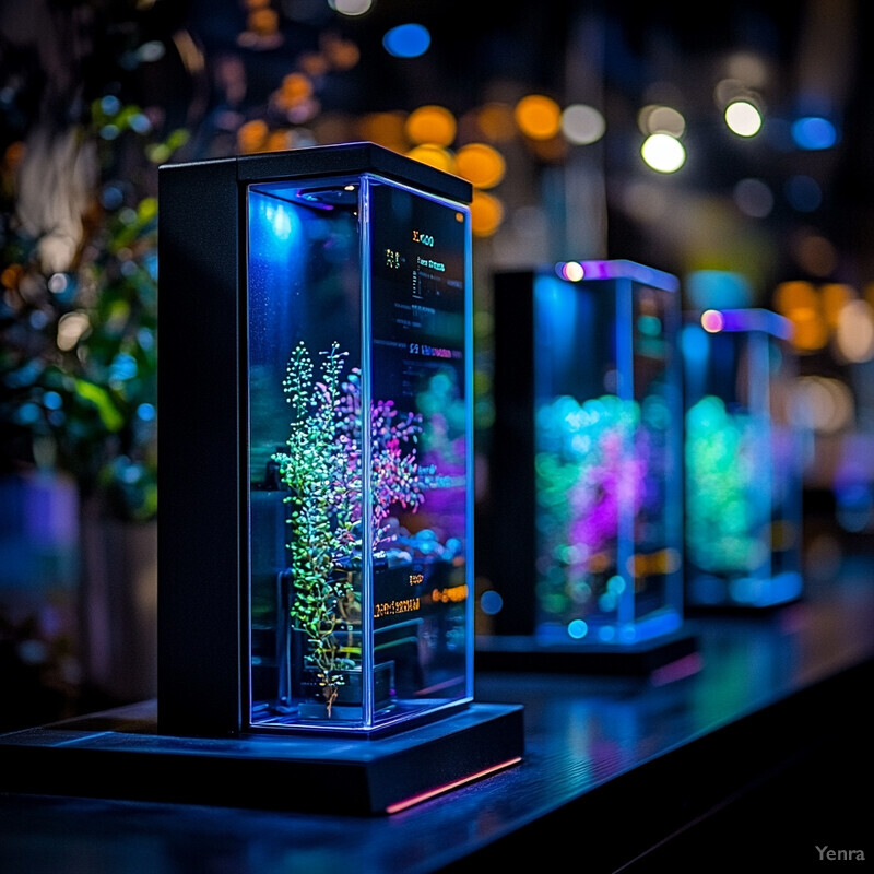 A row of glass display cases containing tree-like structures with glowing lights and wires.