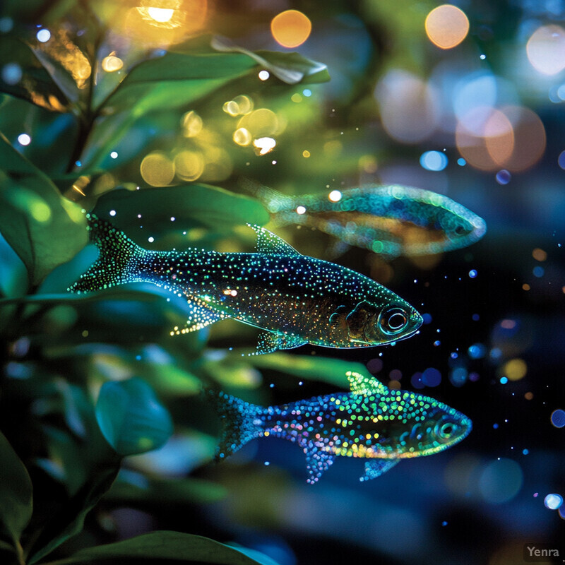 A serene and peaceful image of three small fish swimming in a body of water surrounded by greenery.