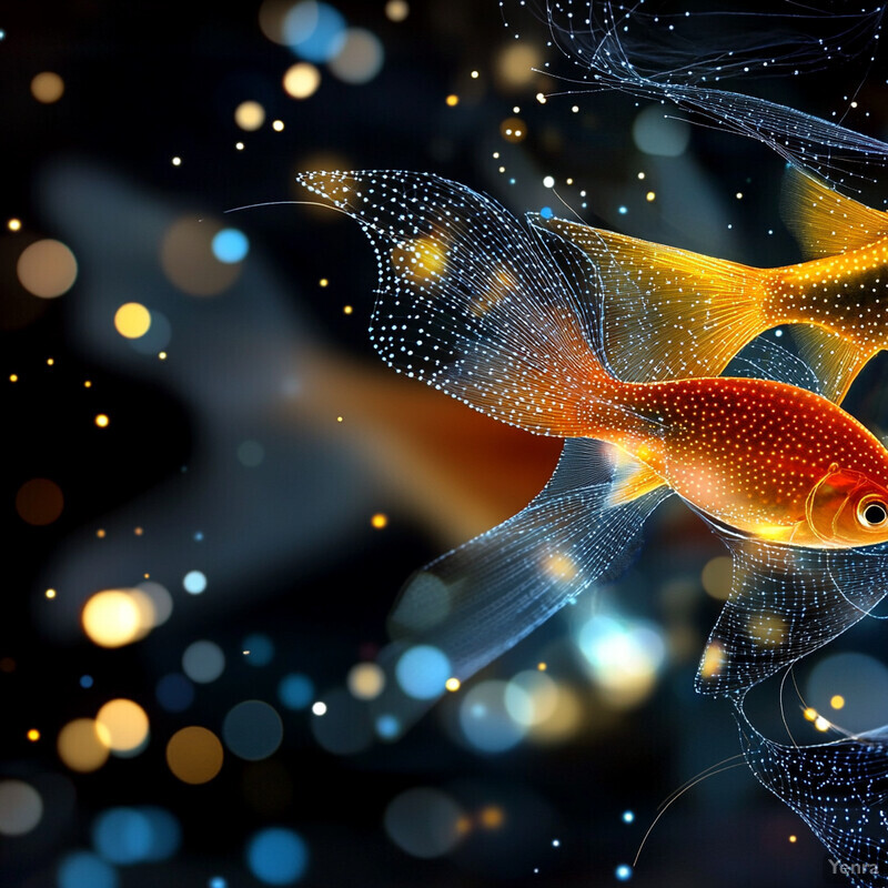 A dynamic and imaginative scene featuring two fish with intricate designs on their bodies, set against a backdrop of swirling clouds or smoke.