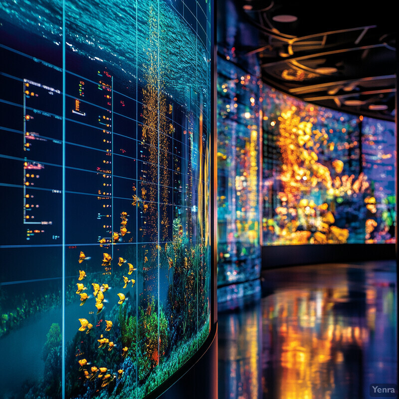 A vibrant aquatic scene is displayed on a curved glass wall in an aquarium or water tank, accompanied by a colorful digital artwork.