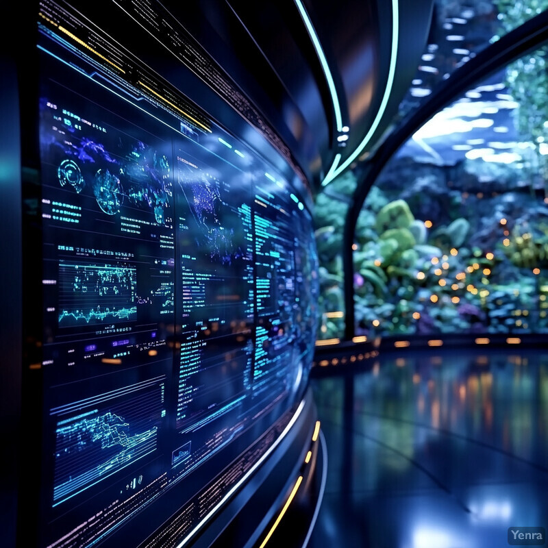 A futuristic control room or laboratory with a large screen displaying data related to water quality or usage.