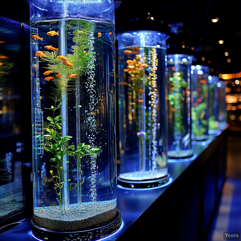 A row of cylindrical glass containers filled with water and various objects, likely for display or demonstration purposes.