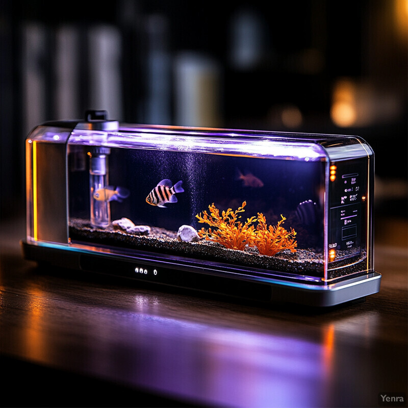 A rectangular aquarium with rounded corners, featuring a black base and lid, containing fish and plants.