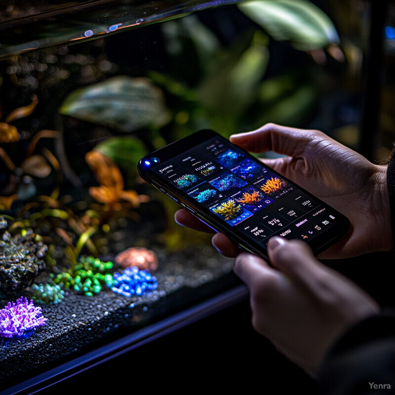 A person is observing a fish tank while using their smartphone.