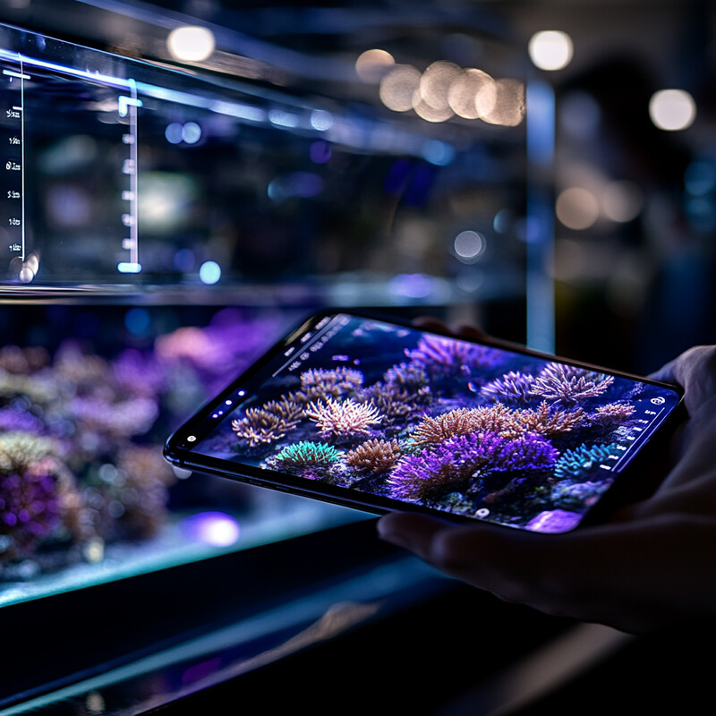 A person is viewing an aquarium on their smartphone screen.