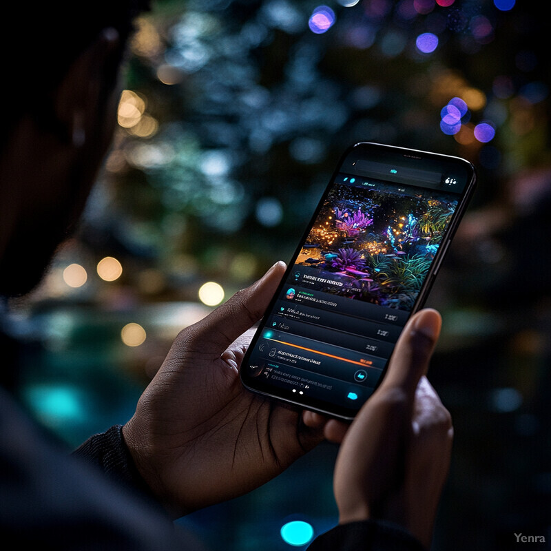 A person is playing a fantasy game on their smartphone in an outdoor setting.