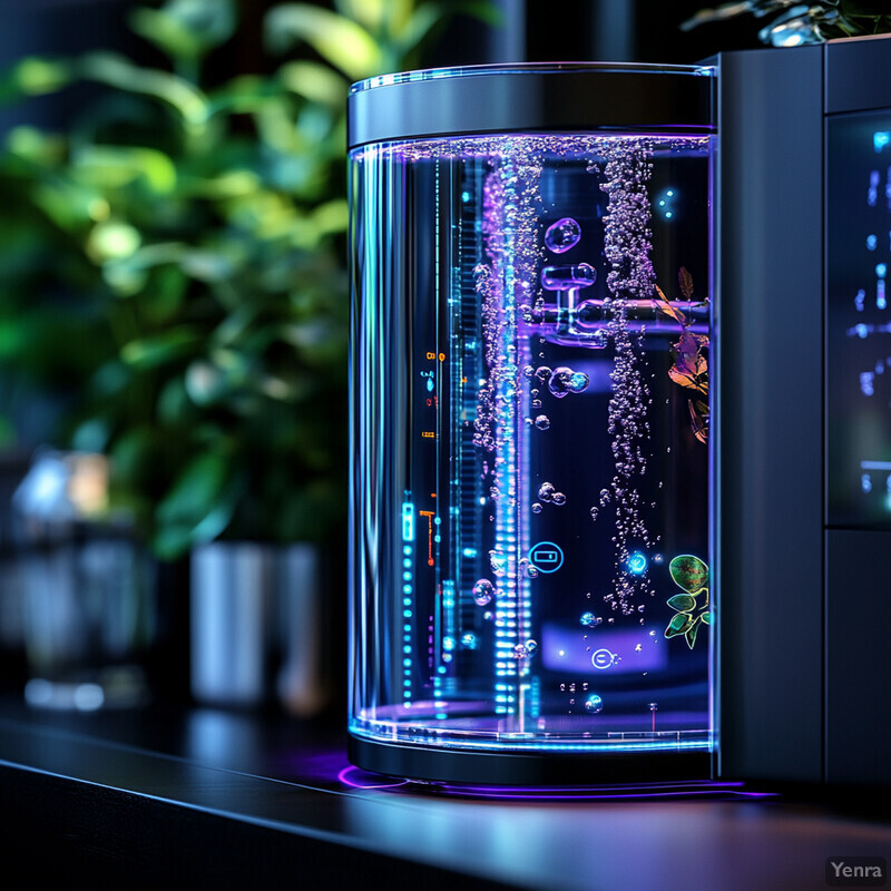 An aquarium with a filtration system in a living room setting.