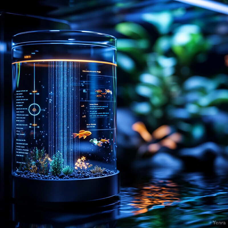 A futuristic aquarium with advanced technology and a variety of aquatic plants and animals.