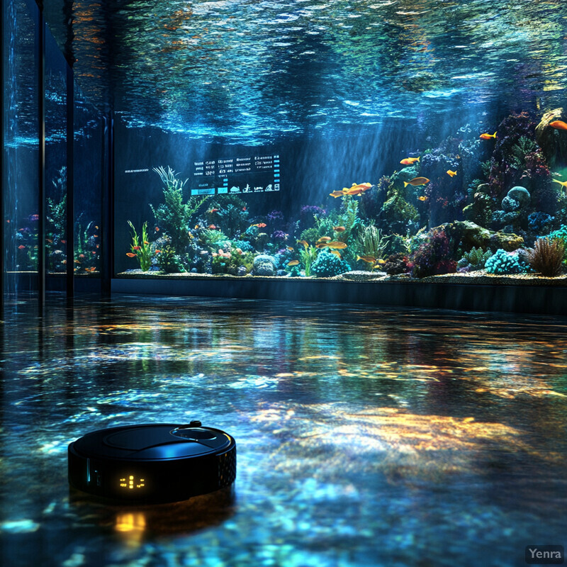 An underwater scene with an aquatic life exhibit featuring a large tank filled with various fish and plants.