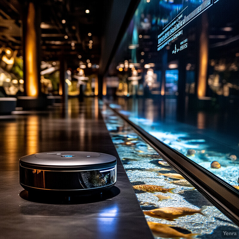 A black object with a blue light sits next to a large aquarium.