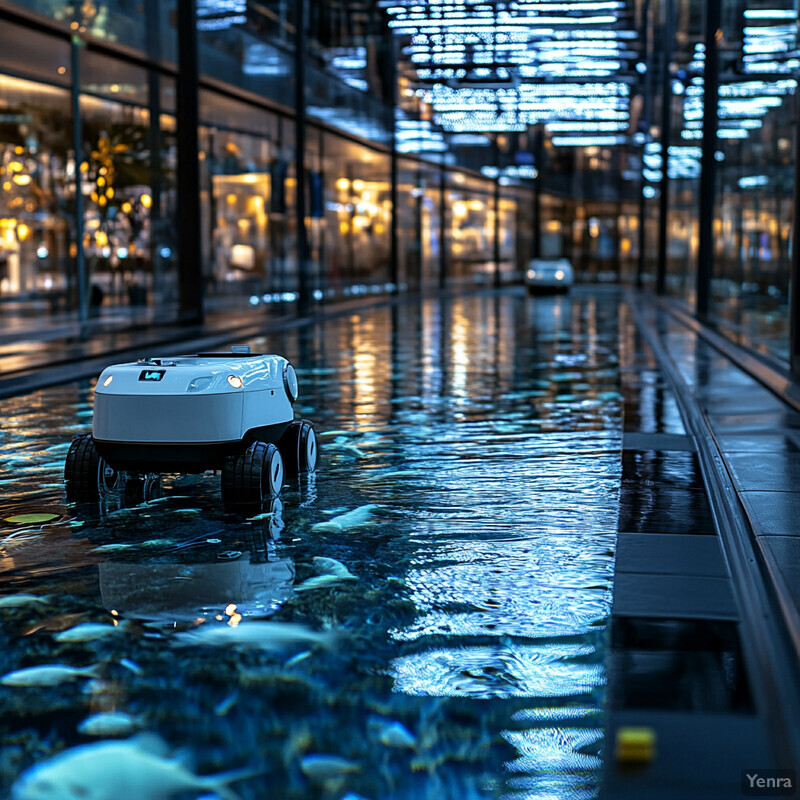 Two small, white robots navigate through a flooded city street at night, equipped with advanced technology and sensors.