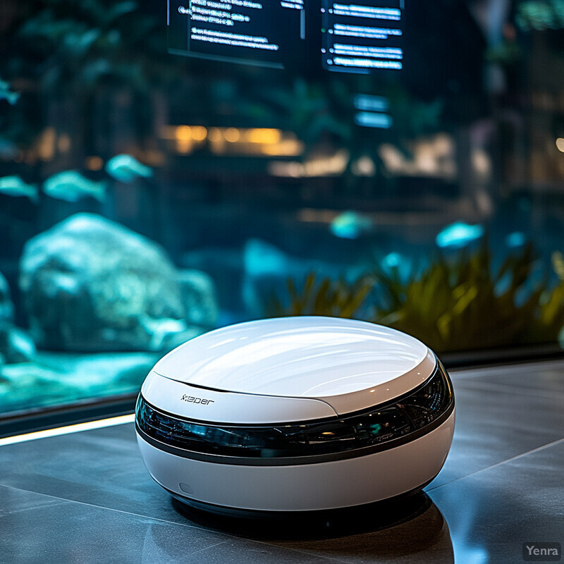 A futuristic-looking white device with a sleek design and rounded shape is showcased in an office setting or exhibition space.