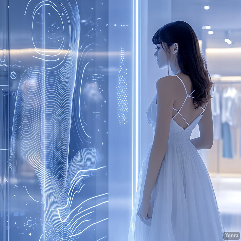 A woman in a white dress stands in front of a futuristic-looking wall with symbols and markings.