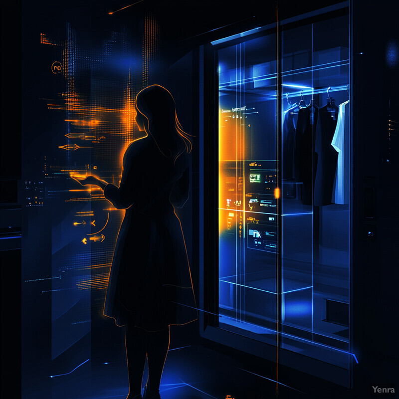 A woman interacts with an Automated Assistant Summoning system in a futuristic retail environment.