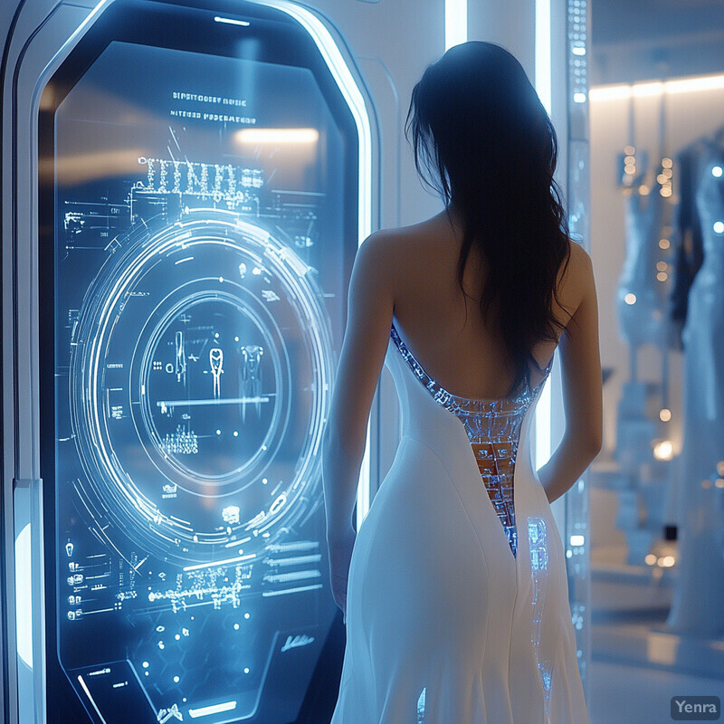 A woman in a futuristic setting, standing in front of a large screen displaying various graphs and charts.