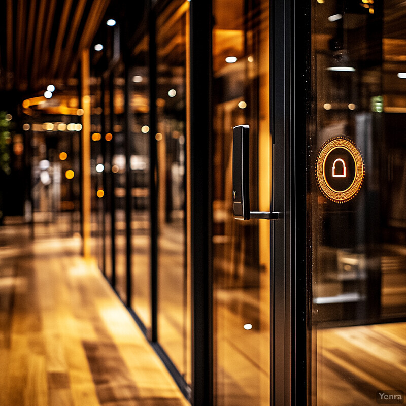 A black-framed glass door with an automated privacy control system installed in a commercial or residential building lobby.