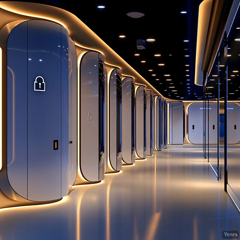 A long hallway with rows of private booths, each equipped with automated privacy controls.