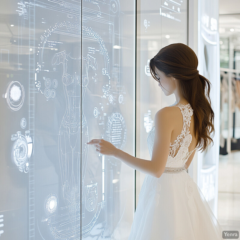 A woman in a white wedding dress looks at technical drawings on a screen.