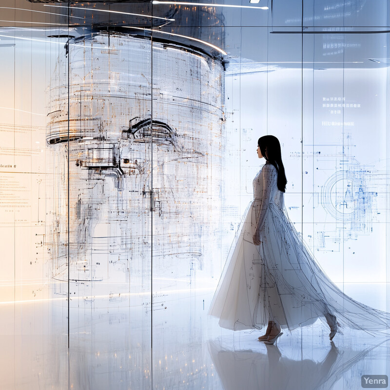 A woman in a white dress stands in front of an abstract art piece.