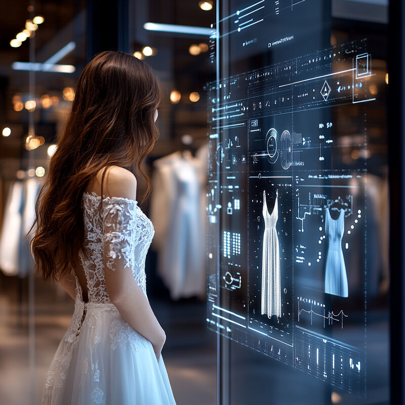 A woman in a wedding dress looks at a screen displaying various dresses.