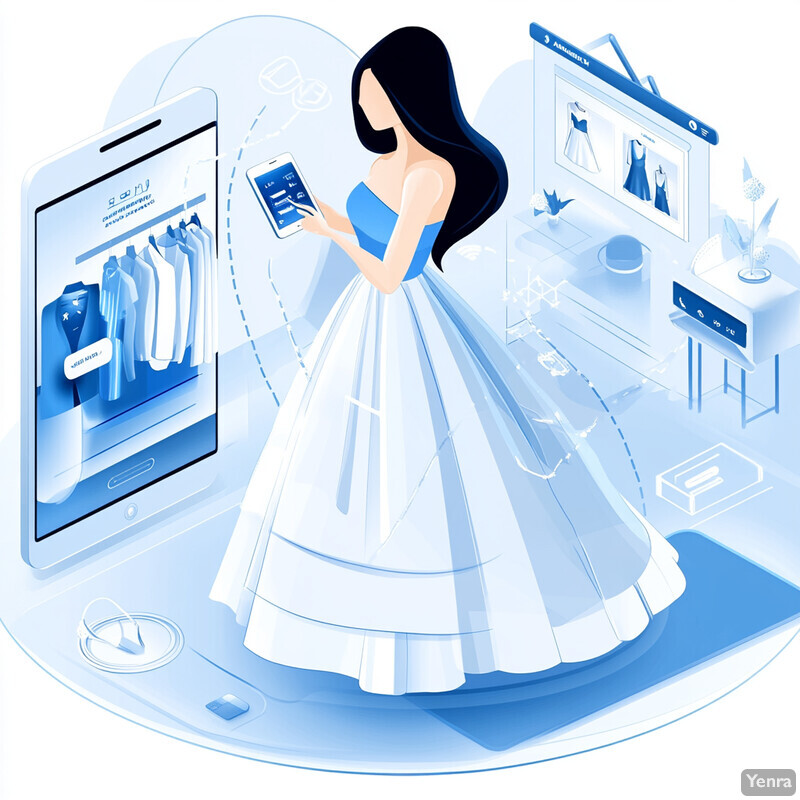 The image shows a woman in a white dress holding an electronic device with a blue screen, surrounded by various objects and symbols.