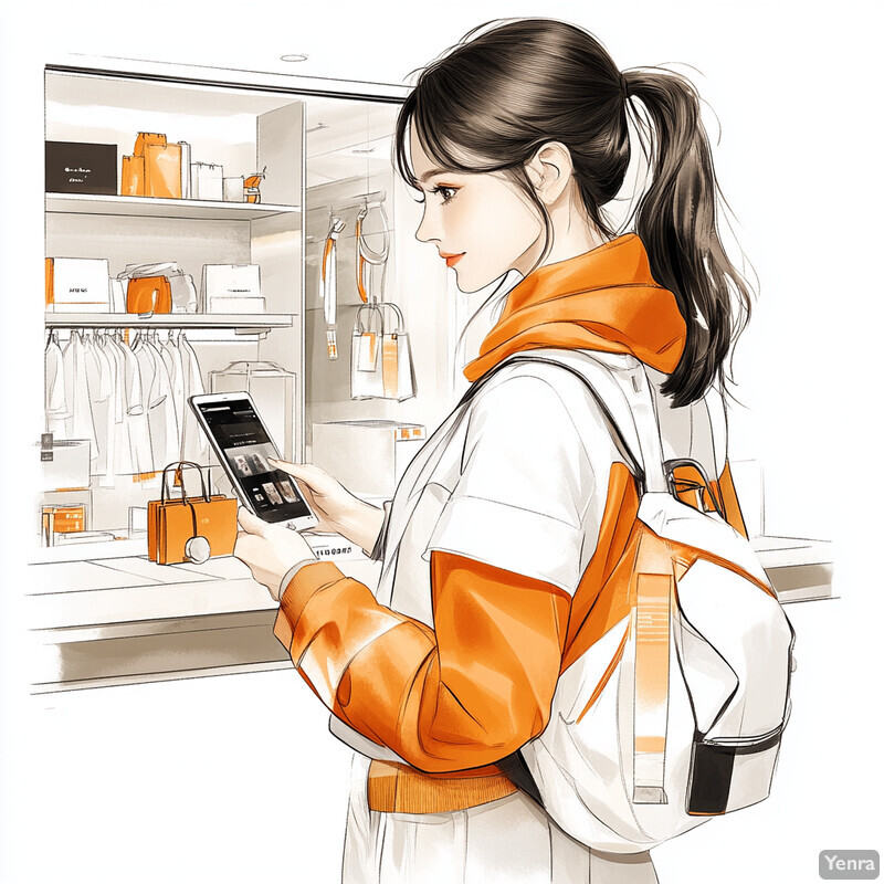 A young woman is shopping for clothing and accessories at a store with an orange and white color scheme.