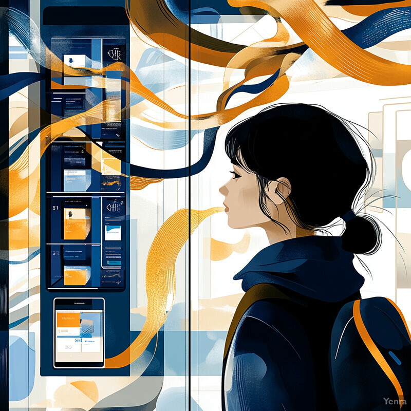 A woman stands in front of an interactive display, surrounded by swirling ribbons of orange and blue hues.