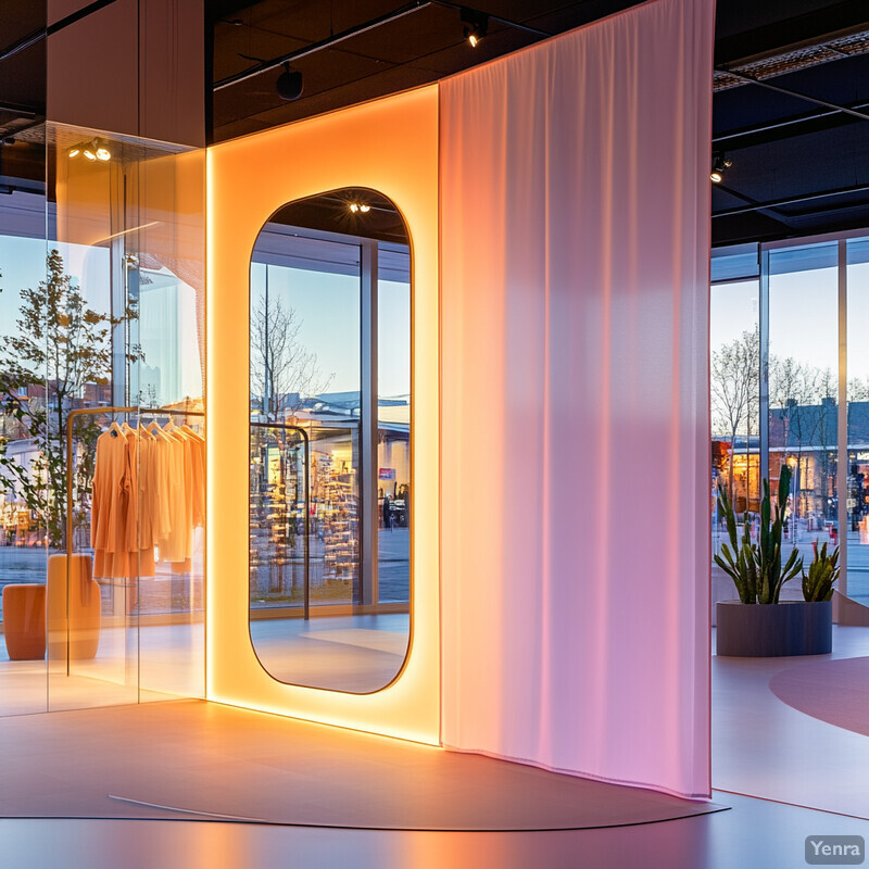 A modern interior space with a clothing display and a plant, featuring soft pink lighting and clean lines.