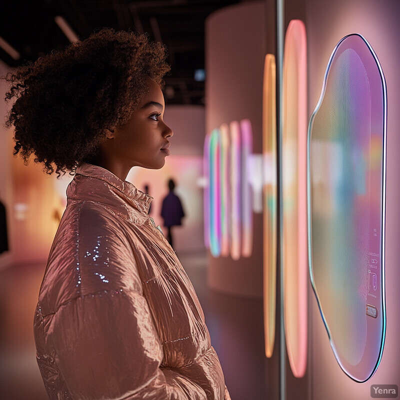 A woman stands in front of an interactive wall display, showcasing a unique blend of technology and art.