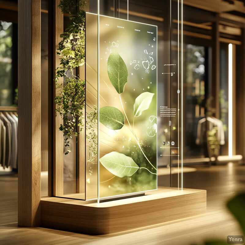 An eco-friendly recommendation display featuring a natural design and illumination system, situated in a room with wooden floors and walls adorned with plants.