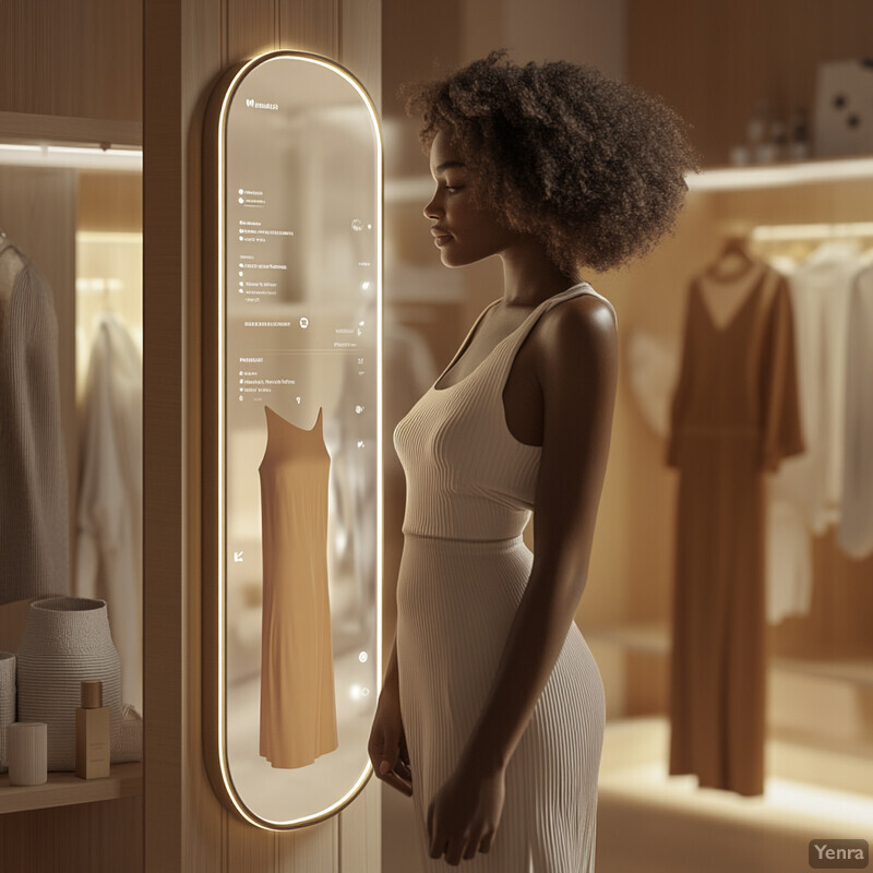 A woman is looking at a dress on an interactive display screen in a clothing store.