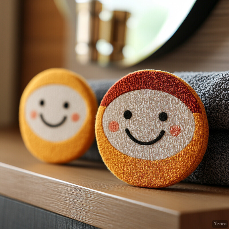 Two circular objects with smiley faces on them sit on a wooden surface, possibly in an indoor setting like a living room or bedroom.