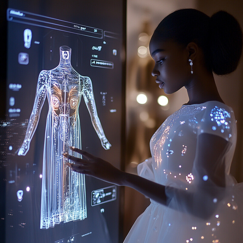 A woman is interacting with a hologram of a dress on a large screen.