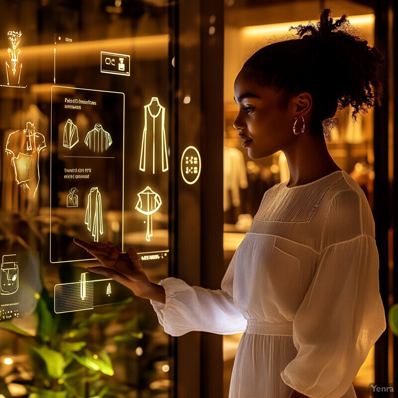 A woman is interacting with a display of clothing items in a store, possibly using gesture controls to browse and purchase.