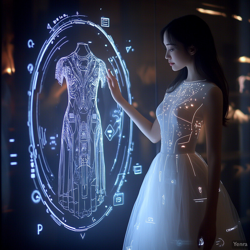 A woman in a white dress interacts with a transparent screen displaying various objects and digital content.