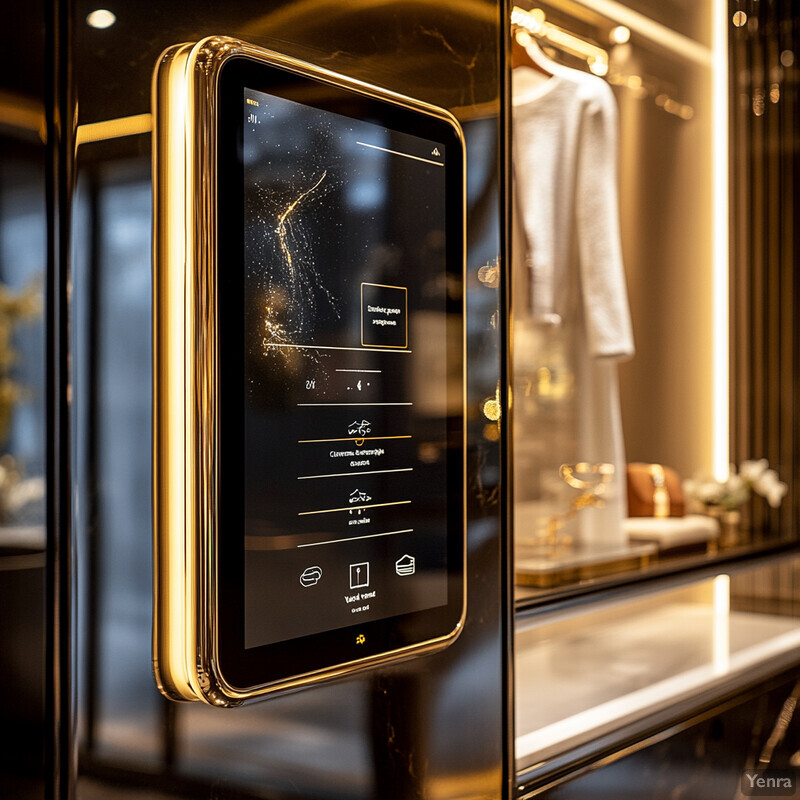 An in-room digital concierge system mounted on a wall with a glass cabinet containing clothing items in the background.