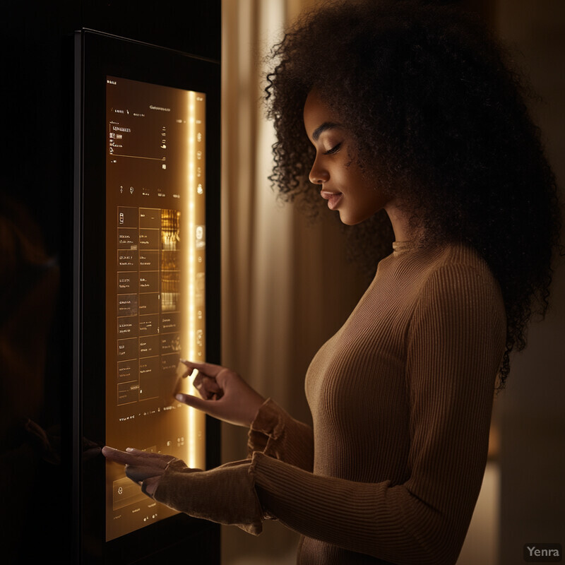 A woman interacts with a digital concierge screen in a modern room.