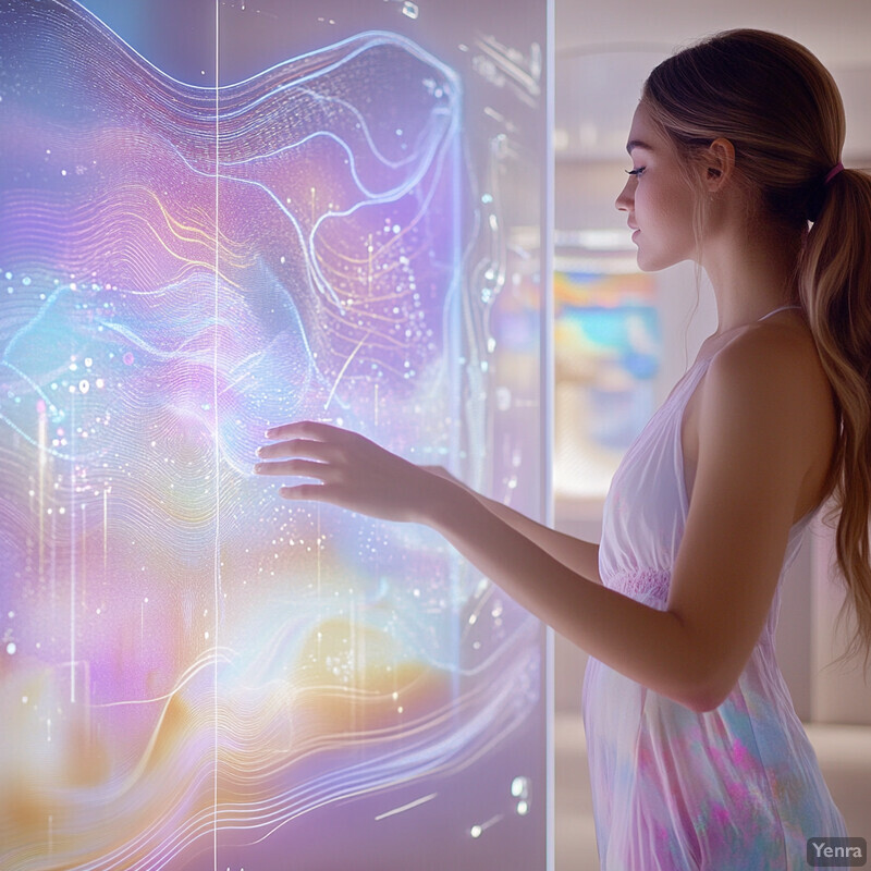 A woman is interacting with an interactive screen in a room.