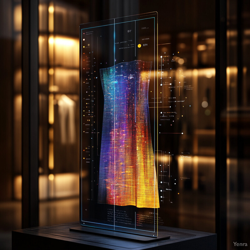 A glass case displaying a colorful iridescent dress or skirt made from a lightweight material such as silk or cotton.