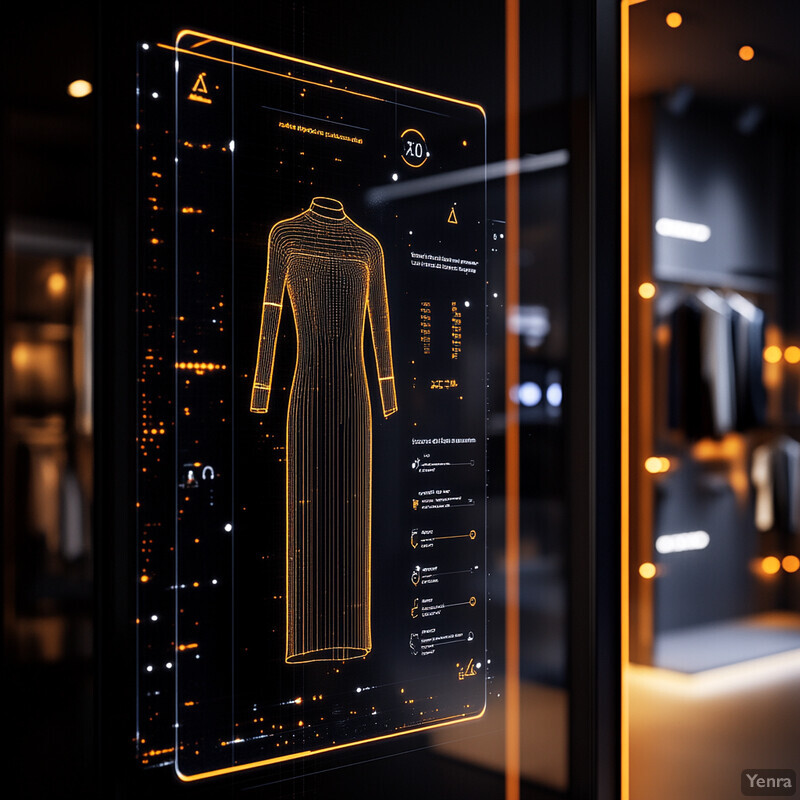 An augmented reality display showcasing a dress in a dimly lit room.