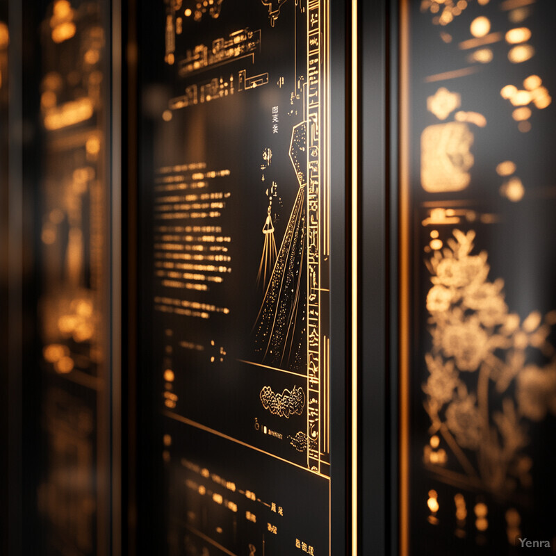 A collection of black and gold art pieces displayed on a wall in an art gallery, featuring intricate designs and geometric shapes.