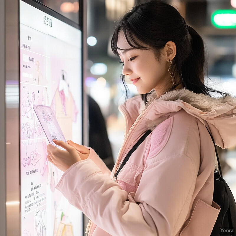 A young Asian woman is seen gazing at an electronic display screen on a city street at night.