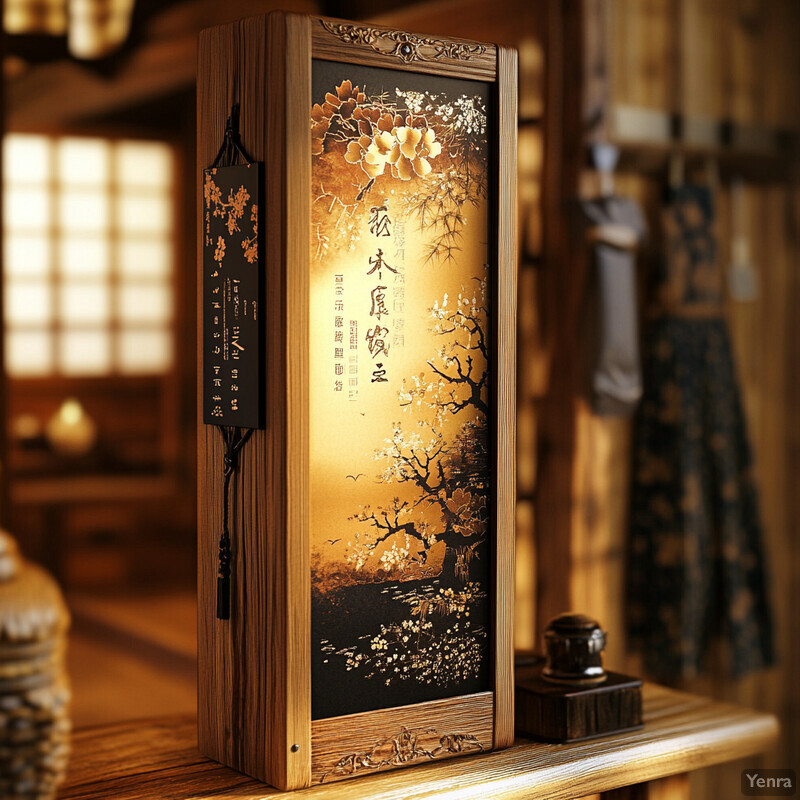 A wooden box with intricate gold designs and Chinese characters is displayed on a shelf or table in a room or hallway.